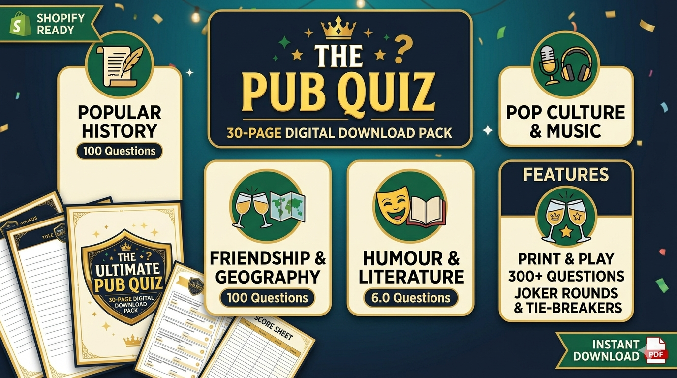 Ultimate Pub Quiz Pack - 300+ Questions | History, Pop Culture & Humour | 30-Page Digital Download PDF