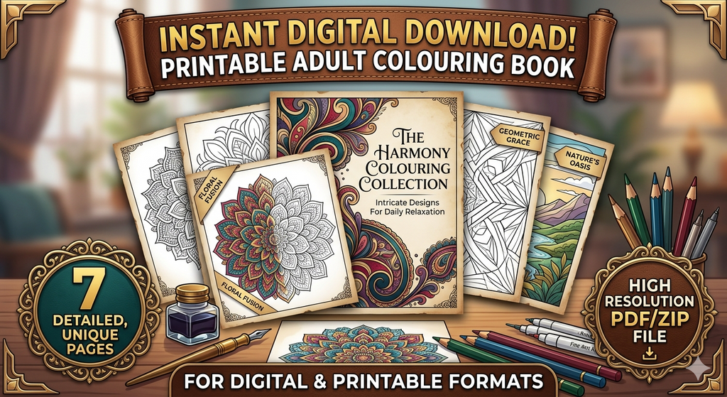 Detailed Adult Coloring Book PDF - 7 Intricate Printable Pages | Stress Relief & Mindfulness Patterns | Instant Digital Download