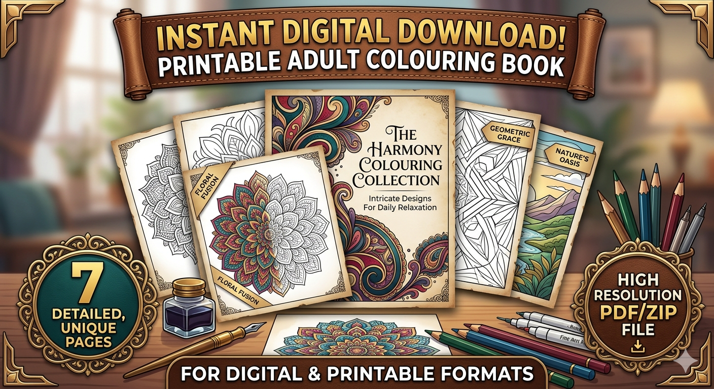Detailed Adult Coloring Book PDF - 7 Intricate Printable Pages | Stress Relief & Mindfulness Patterns | Instant Digital Download