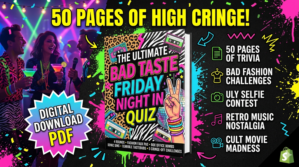 The Ultimate High Cringe Quiz PDF | 50-Page Bad Taste Trivia & Party Games | Retro 90s & 00s Aesthetic | Instant Download