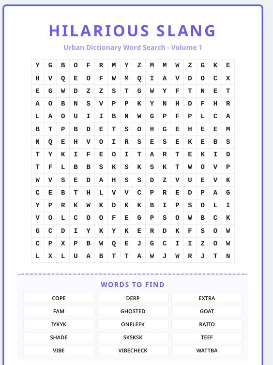 Urban Slang Word Search: The "Rizz & Delulu" Puzzle Book | 20 Page Printable Digital Download | Funny Modern Slang Activity Pack