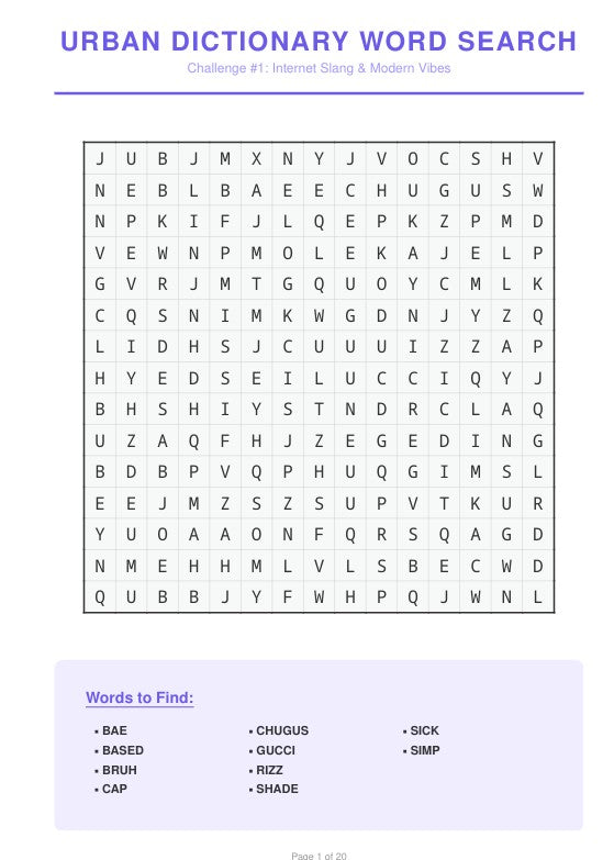 Funny Slang Word Search Bundle - 20 Unique Challenges for Parties & Travel | Modern Internet Slang Printable PDF | Unlimited Digital Download